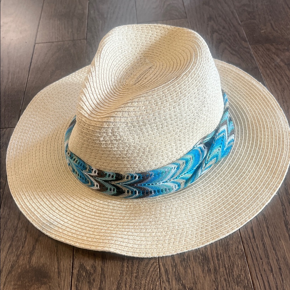 Amiani Natural Straw Fedora Hat Turquoise Band